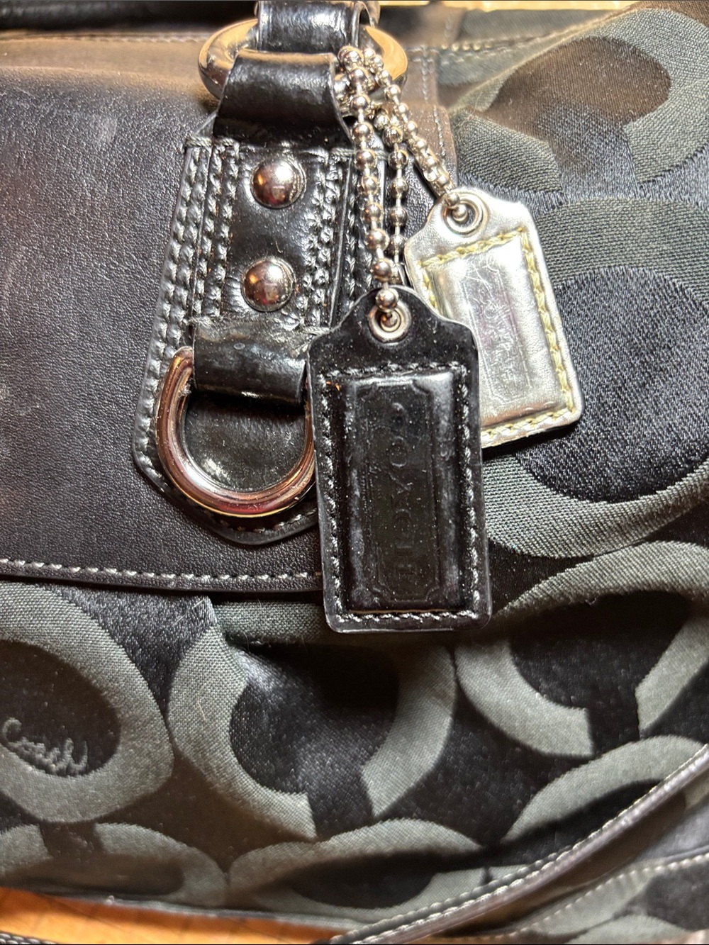 Coach Black Op Art Madison Satchel Leather Handles, Shoulder Strap, Silver Bag - Picture 5 of 17